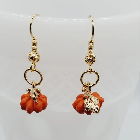 Orange pumpkin earrings 18k gold filigree handmade artisan fall Thanksgiving New - Picture 2 of 6